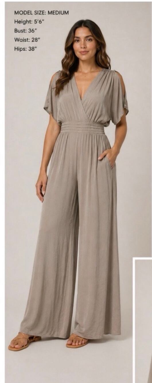 NWT Naked Zebra Taupe Wide Leg Jumpsuit Surplice Neck Flutter Sleeve Elegant S